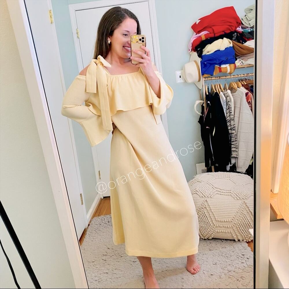 NWT GANNI Cream Tan Neutral Crepe Long Sleeve Ribbon Maxi Dress Clark 38 Medium
